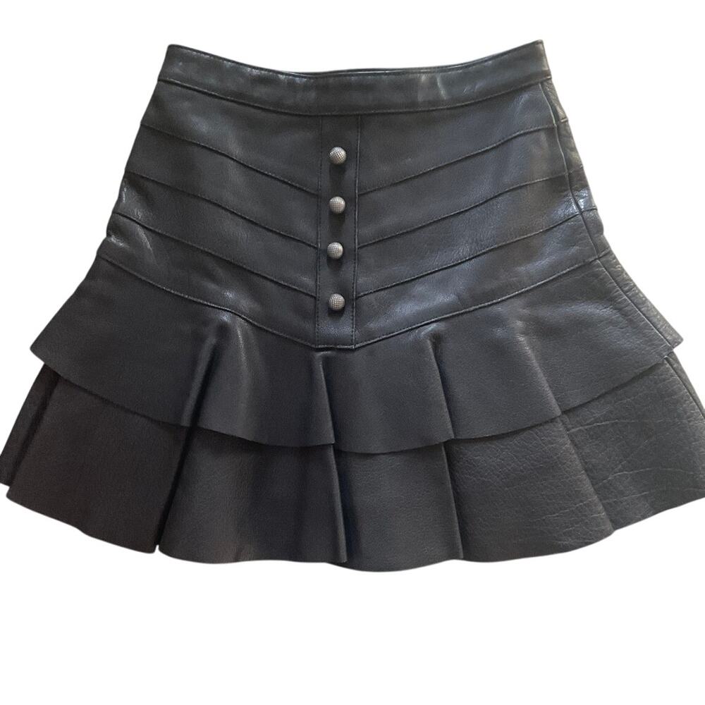 Aje. Ambrosio Black Leather Mini Ruffle, Flat Chevron Yoke Skirt Sz. AU 8 / US 4 - Picture 2 of 12